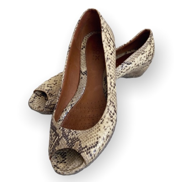 Geox Shoes - Geox Wedge Shoes Heels Peep Toe Snake Print Tan Size 36